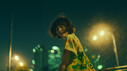 夜の街で笑いはしゃぐ女性