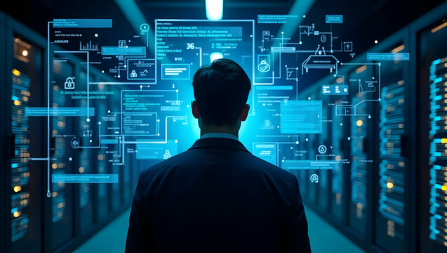 Data center professional reviewing security and networking infrastructure system