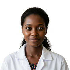 Young Black female doctor in a white lab coat smiling confidently at the camera. Portrait of a medical professional or scientist isolated on a transparent background.