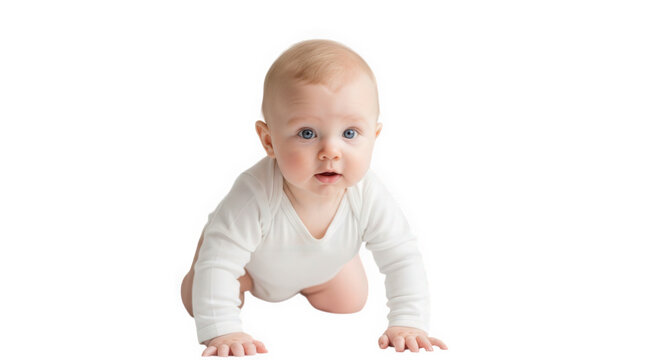 Adorable baby crawling isolated on black background looking at camera with curiosity and innocence on transparent background