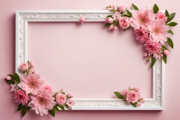 Elegant floral frame with pink roses and green leaves on a delicate pastel pink background.