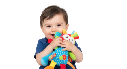 Adorable baby boy playing with colorful plush toy smiling happily on a black isolated background on transparent background