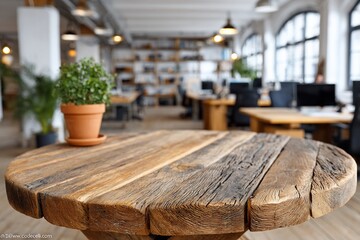 Rustic wood table centerpiece in open office