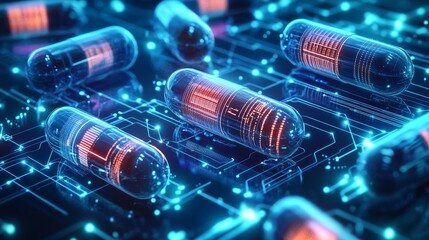 Antibiotics infused with technology glowing against a futuristic circuit-like background,