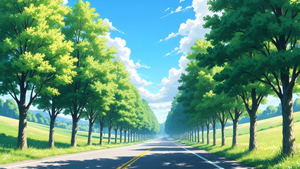 Early Summer Country Road with Fresh Green Trees
