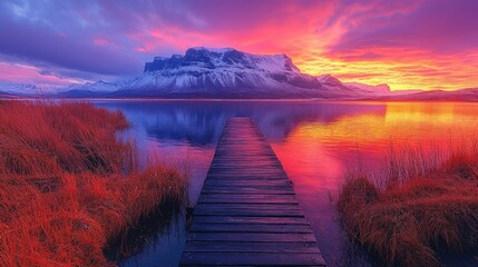Vibrant sunset over a tranquil lake with a wooden dock.