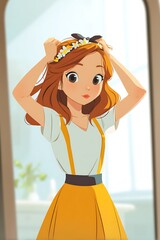 animated girl putting on headband in mirror reflection