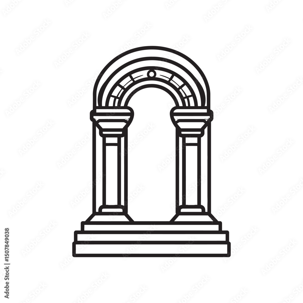Poster striking ancient stone archway exhibits timeless architecture through bold linear form over a transp