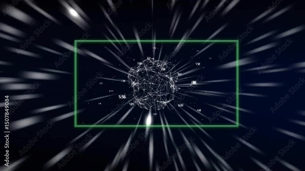 Poster green boundary appearing initiating wireframe sphere forming, pulsing mapping flow, dissolving mesh