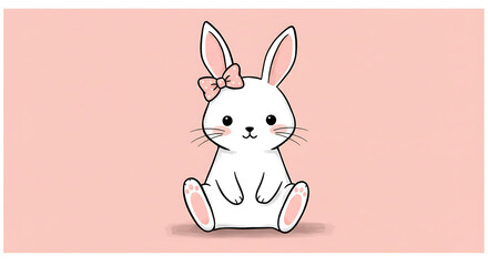 Fototapeta premium Adorable Cartoon White Bunny Rabbit with Pink Bow Cute Animal Illustration Pastel Pink Background