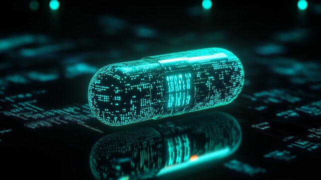 3D render of a glowing teal pill on a black background, with a glitch effect and matrix code.