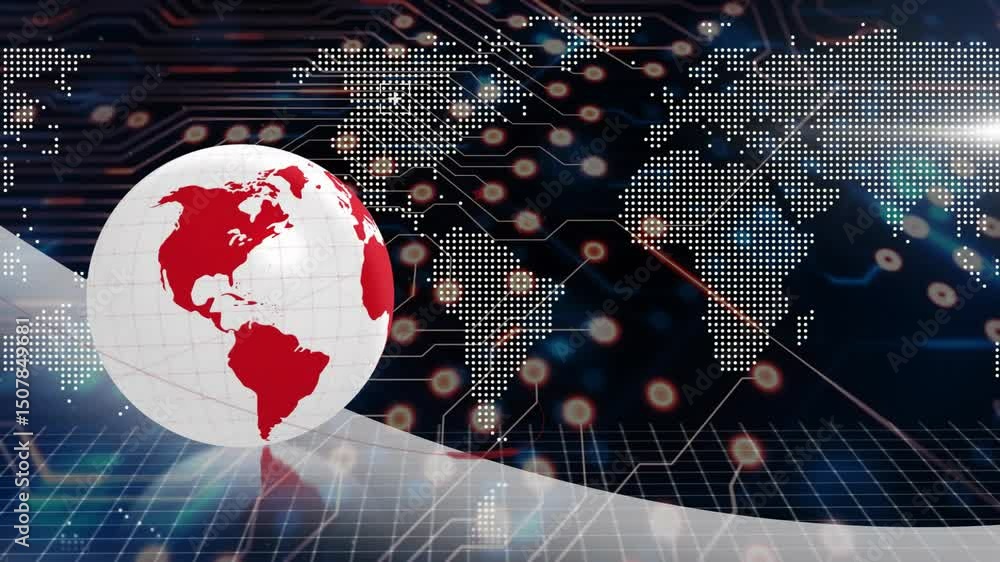 Poster at animation start, 3d globe spinning slowly while nodes pulsing to show global connections