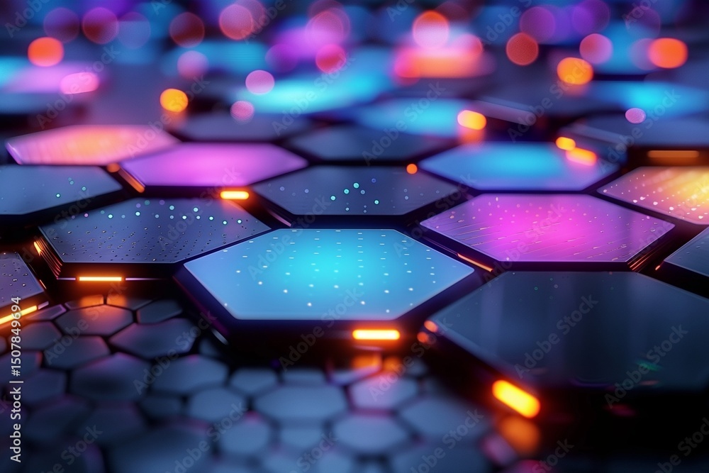 Aufkleber vibrant neon hexagonal tiles form a futuristic digital landscape with dynamic bokeh effects