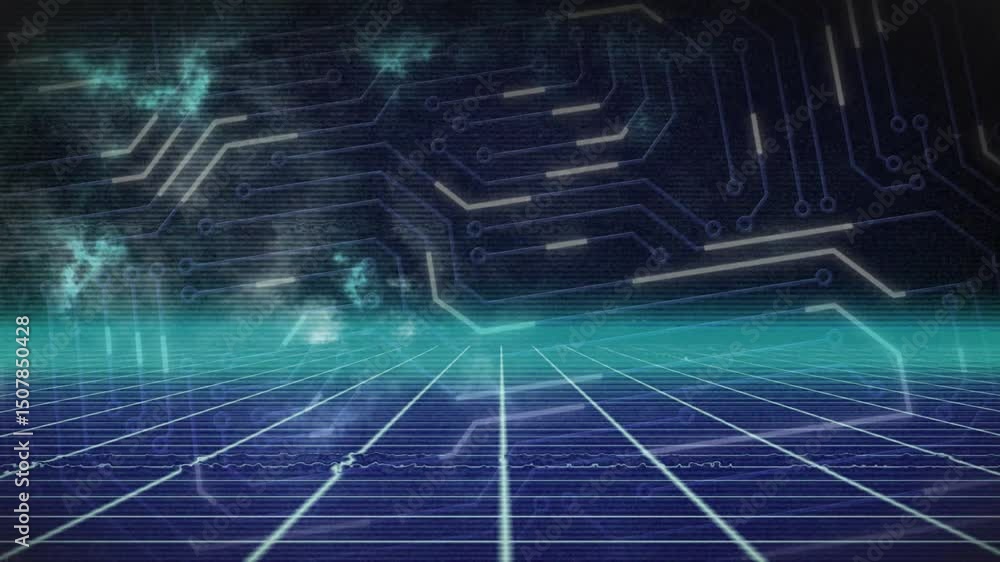 Poster opening with neon grid plane, circuit traces pulsing and cascading while forming virtual landscape