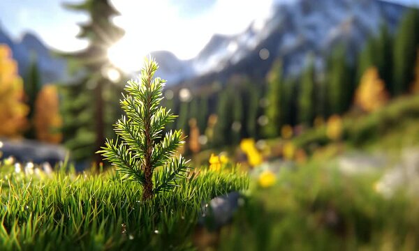 Small pine tree growing in mountain meadow