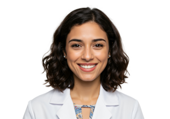 Portrait of a smiling young ethnic woman in a white coat. Professional healthcare worker or scientist looking directly at the camera, isolated on a transparent background.