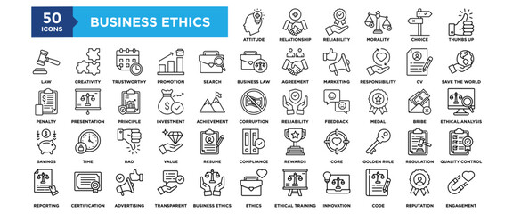 50 Business Ethics icon set. Containing design business, corporate, strategy, management, integrity, moral	
