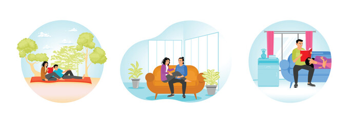Couple Relaxing on a Picnic Mat. Sitting on Sofa at Home. His Girlfriend Lies on His Lap.