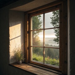 This image shows a wooden window, with a view of the natural scenery outside through the glass. A small plant pot is placed by the window, and the sunlight enters the room and falls on the wall, creat