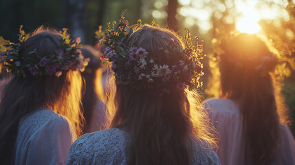 Riga Solstice Festival, Women with Flower Crowns at Sunset Midsummer Celebration Golden Hour Nature