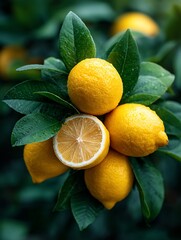 Zesty citrus Lemons glistening amid green leaves