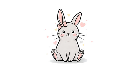Fototapeta premium Adorable Grey Bunny Rabbit with Bow Cute Cartoon Animal Illustration Hearts Background