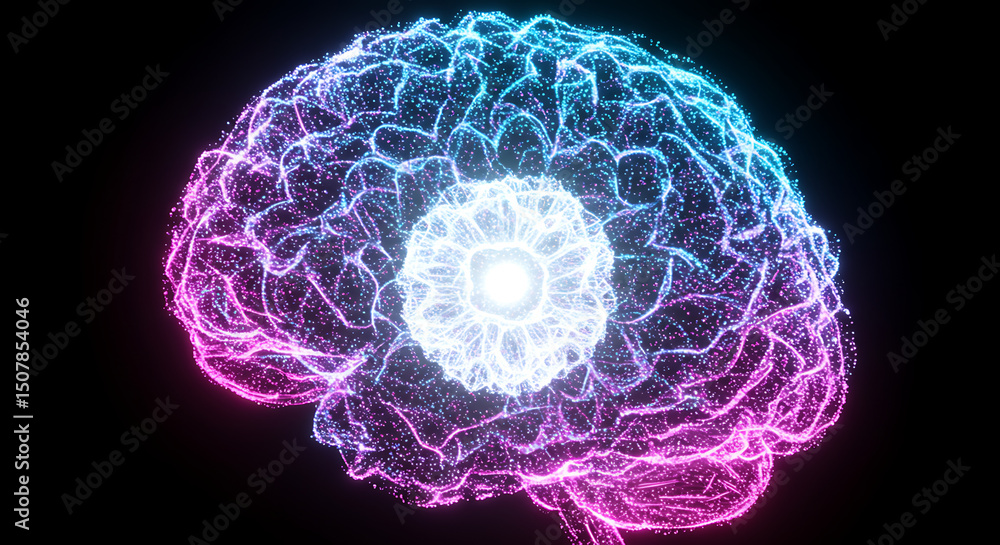 Poster abstract glowing brain neural network ai artificial intelligence particle system technology concept