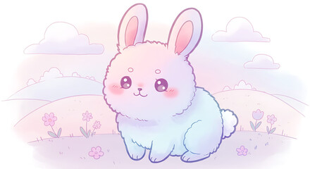 Adorable Pastel Bunny Rabbit in a Dreamy Flowery Meadow Illustration