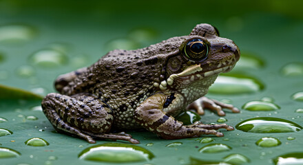 Close-up of a Speckled Frog on a Dew-Covered Lily Pad