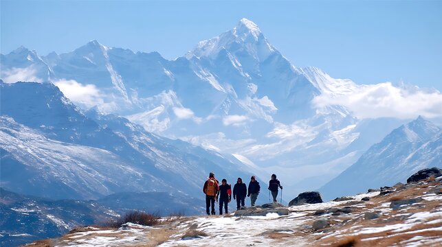 group of trekkers in himalayas snowy mountains