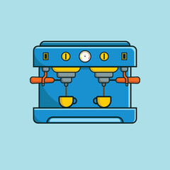 A vibrant flat design illustration of a double espresso machine in blue with dual yellow cups and orange accents, set on a light blue background. Perfect for cafes and coffee themes
