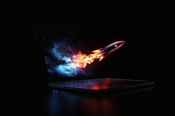Rocket launching from laptop keyboard with digital clouds, stylized graphic style, on dark background. Concept of startup launch and business growth