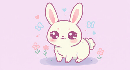 Adorable Kawaii White Bunny Rabbit Cartoon Illustration with Flowers and Hearts Perfect for Kids