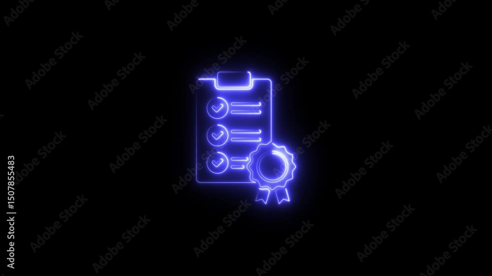 Poster glowing neon checklist with certificate icon. premium quality symbol. achievement badge. tasks done 