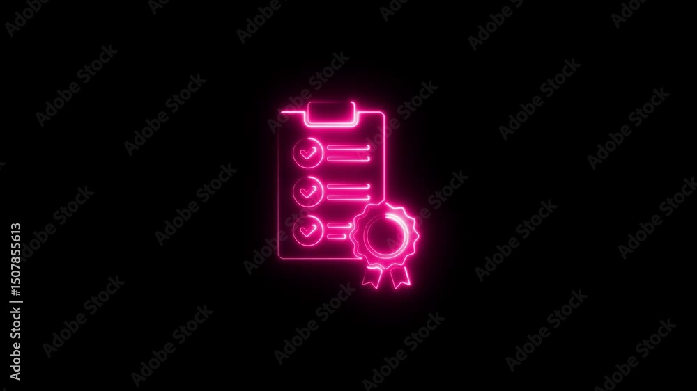 Poster glowing neon checklist with certificate icon. premium quality symbol. achievement badge. tasks done 