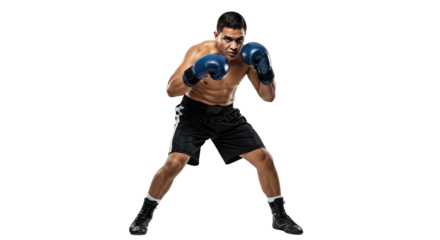 Male boxer in fighting stance on black background featuring athletic body and boxing attire