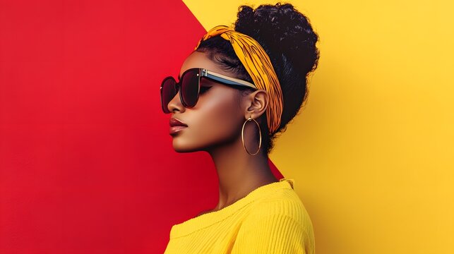 Stylish woman with an updo, head wrap, and oversized shades in front of a split red and yellow background, looking to the left.