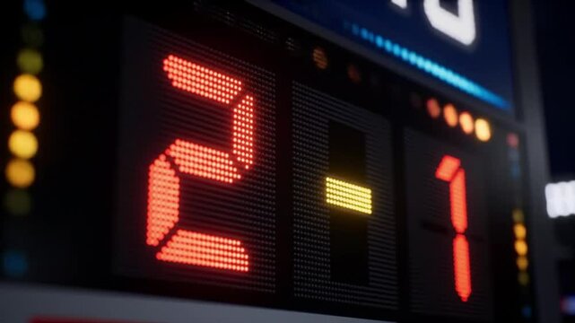 Neon red digital LED display board showing score