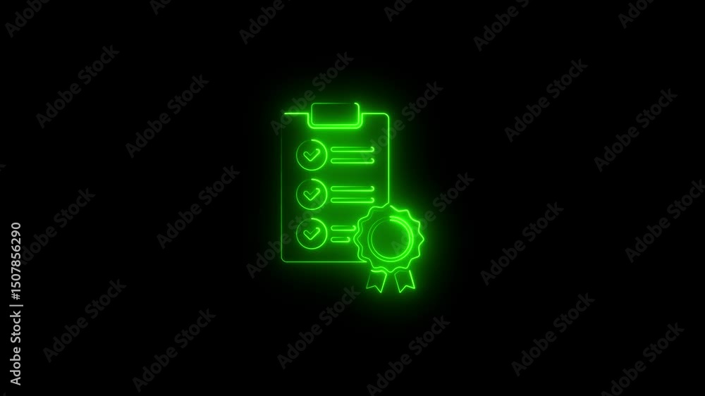 Poster glowing neon checklist with certificate icon. premium quality symbol. achievement badge. tasks done 
