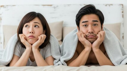 Relationship problems asian couple in bed looking sad and depressed thinking about issues together video 4k