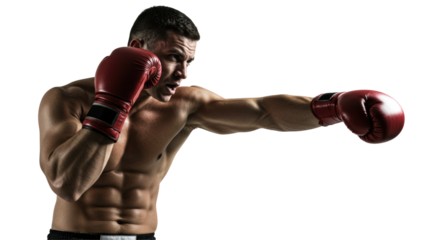 Muscular male boxer in striking punching pose isolated against black background