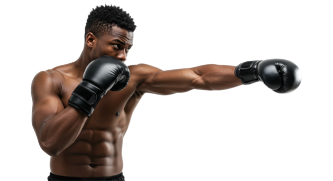 Muscular man boxing stance isolated on dark background powerful athletic pose