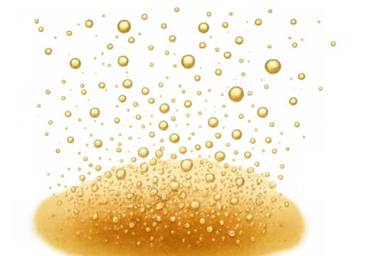 Luxury golden bubbles rising from shimmering surface, ascending against transparent backdrop, conveying elegance and celebratory atmosphere