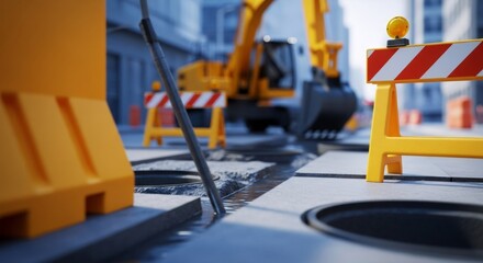 Fototapeta premium Urban street with damaged sewer system and excavation site. Construction work on city water infrastructure and road repair in street.