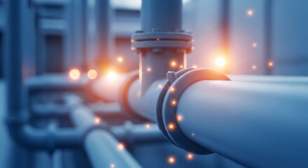 Close up view of pipeline system with glowing particles, representing urban water quality and modern city sewer technology.