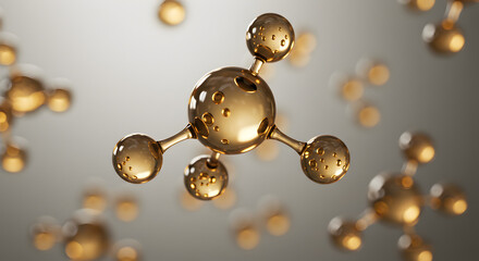 Detailed Gold Molecular Structure Rendering Interconnected Spheres on Soft Gray Backdrop for Scientific and Technological Visuals