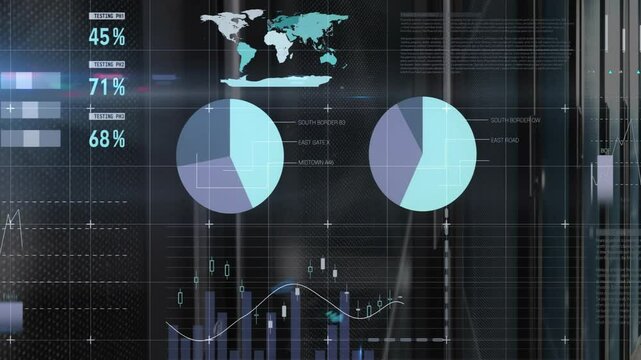 Data table sliding top left initiating dials charts map graphs showing insights across dark grid
