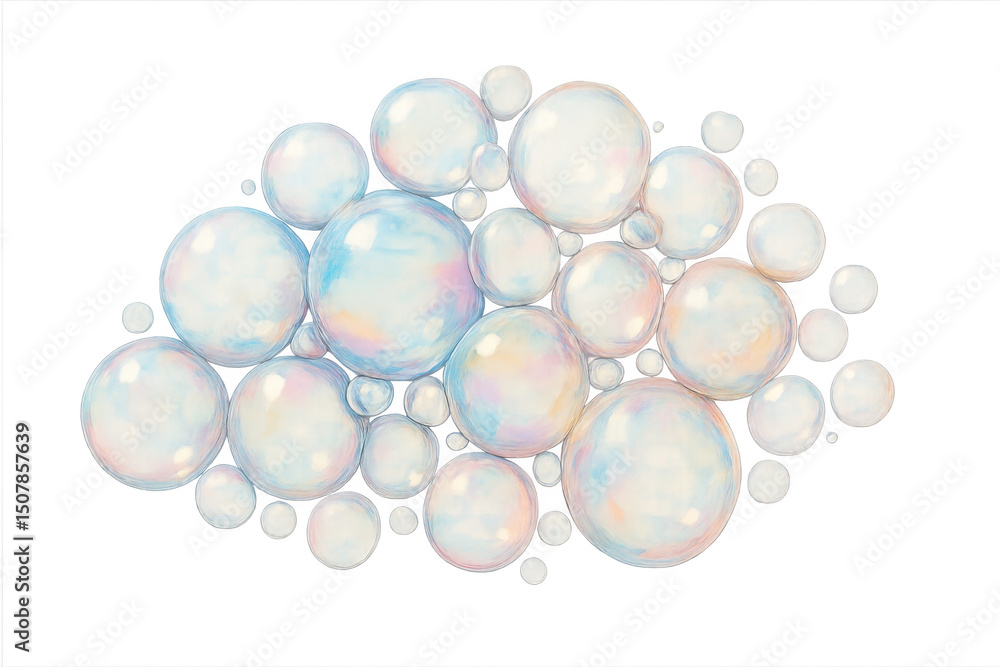 Poster delicate watercolor rendering depicting iridescent soap bubbles clustering together, translucent sph