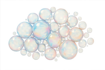 Delicate watercolor rendering depicting iridescent soap bubbles clustering together, translucent spheres reflecting light against transparent backdrop