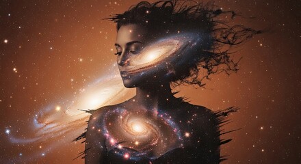 Woman's Silhouette with Swirling Galaxies within a Cosmic Space Background Artwork